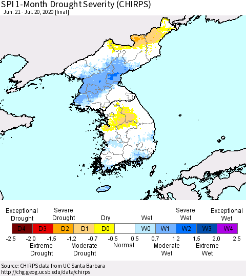 Korea SPI 1-Month Drought Severity (CHIRPS) Thematic Map For 6/21/2020 - 7/20/2020