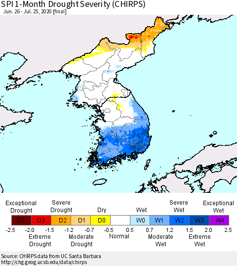 Korea SPI 1-Month Drought Severity (CHIRPS) Thematic Map For 6/26/2020 - 7/25/2020