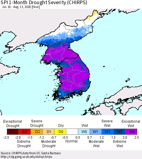 Korea SPI 1-Month Drought Severity (CHIRPS) Thematic Map For 7/16/2020 - 8/15/2020