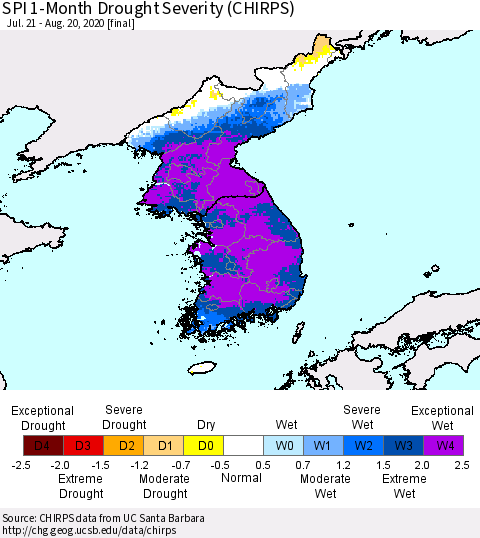 Korea SPI 1-Month Drought Severity (CHIRPS) Thematic Map For 7/21/2020 - 8/20/2020