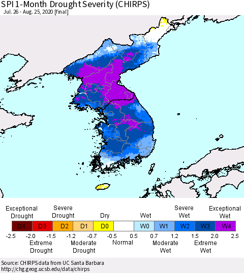 Korea SPI 1-Month Drought Severity (CHIRPS) Thematic Map For 7/26/2020 - 8/25/2020