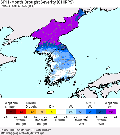 Korea SPI 1-Month Drought Severity (CHIRPS) Thematic Map For 8/11/2020 - 9/10/2020