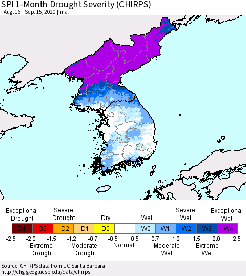 Korea SPI 1-Month Drought Severity (CHIRPS) Thematic Map For 8/16/2020 - 9/15/2020