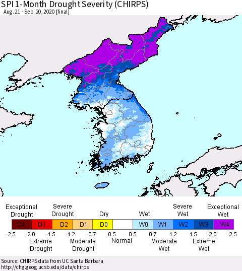 Korea SPI 1-Month Drought Severity (CHIRPS) Thematic Map For 8/21/2020 - 9/20/2020