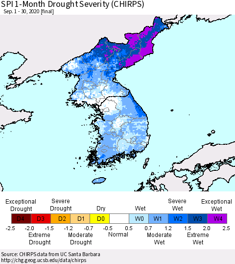 Korea SPI 1-Month Drought Severity (CHIRPS) Thematic Map For 9/1/2020 - 9/30/2020