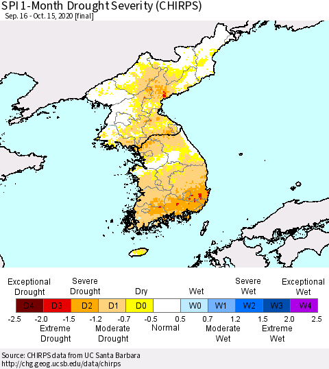 Korea SPI 1-Month Drought Severity (CHIRPS) Thematic Map For 9/16/2020 - 10/15/2020