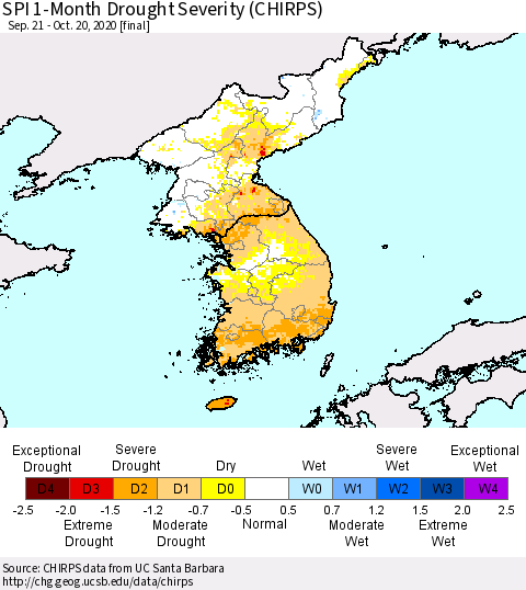 Korea SPI 1-Month Drought Severity (CHIRPS) Thematic Map For 9/21/2020 - 10/20/2020