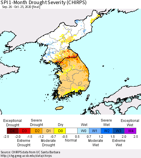 Korea SPI 1-Month Drought Severity (CHIRPS) Thematic Map For 9/26/2020 - 10/25/2020