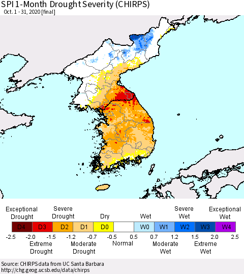 Korea SPI 1-Month Drought Severity (CHIRPS) Thematic Map For 10/1/2020 - 10/31/2020