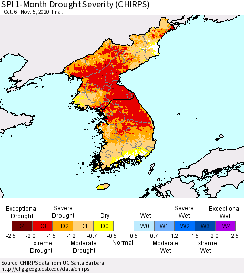 Korea SPI 1-Month Drought Severity (CHIRPS) Thematic Map For 10/6/2020 - 11/5/2020