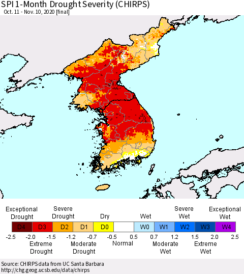 Korea SPI 1-Month Drought Severity (CHIRPS) Thematic Map For 10/11/2020 - 11/10/2020
