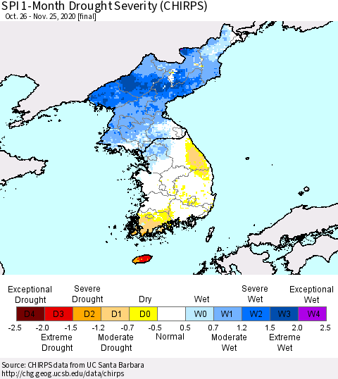 Korea SPI 1-Month Drought Severity (CHIRPS) Thematic Map For 10/26/2020 - 11/25/2020