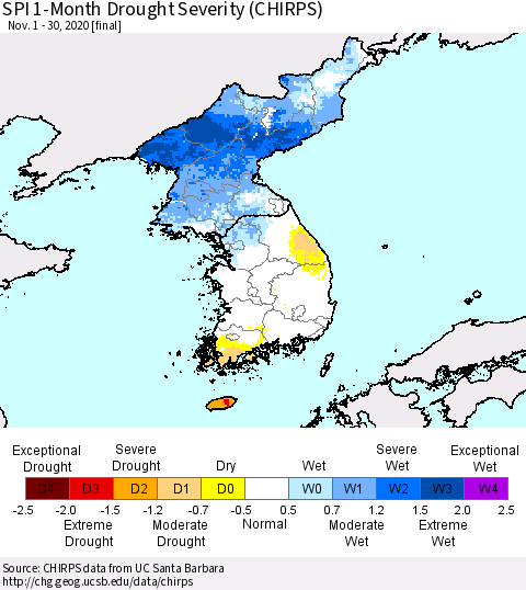 Korea SPI 1-Month Drought Severity (CHIRPS) Thematic Map For 11/1/2020 - 11/30/2020