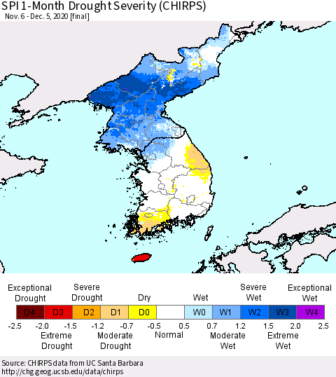Korea SPI 1-Month Drought Severity (CHIRPS) Thematic Map For 11/6/2020 - 12/5/2020