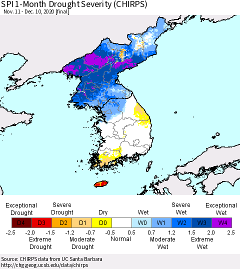 Korea SPI 1-Month Drought Severity (CHIRPS) Thematic Map For 11/11/2020 - 12/10/2020