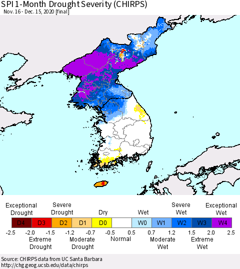 Korea SPI 1-Month Drought Severity (CHIRPS) Thematic Map For 11/16/2020 - 12/15/2020