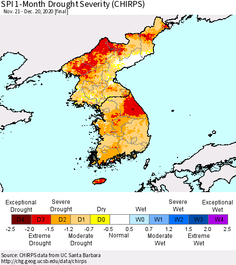 Korea SPI 1-Month Drought Severity (CHIRPS) Thematic Map For 11/21/2020 - 12/20/2020