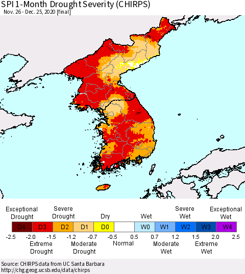Korea SPI 1-Month Drought Severity (CHIRPS) Thematic Map For 11/26/2020 - 12/25/2020