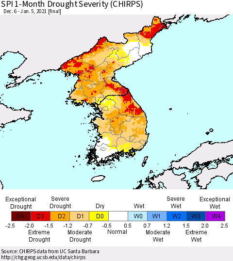 Korea SPI 1-Month Drought Severity (CHIRPS) Thematic Map For 12/6/2020 - 1/5/2021
