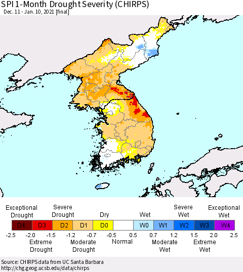 Korea SPI 1-Month Drought Severity (CHIRPS) Thematic Map For 12/11/2020 - 1/10/2021