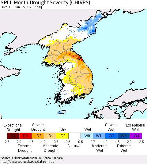 Korea SPI 1-Month Drought Severity (CHIRPS) Thematic Map For 12/16/2020 - 1/15/2021