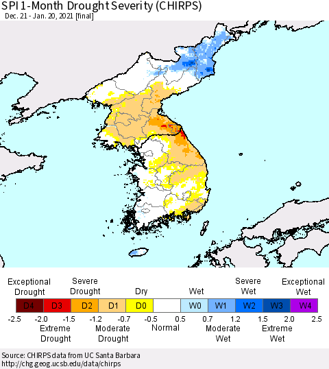 Korea SPI 1-Month Drought Severity (CHIRPS) Thematic Map For 12/21/2020 - 1/20/2021