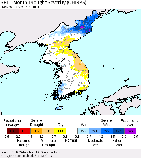 Korea SPI 1-Month Drought Severity (CHIRPS) Thematic Map For 12/26/2020 - 1/25/2021