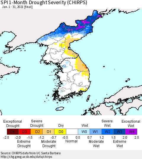 Korea SPI 1-Month Drought Severity (CHIRPS) Thematic Map For 1/1/2021 - 1/31/2021