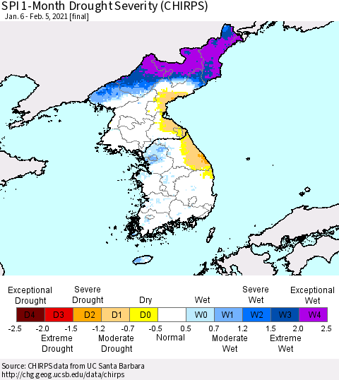 Korea SPI 1-Month Drought Severity (CHIRPS) Thematic Map For 1/6/2021 - 2/5/2021
