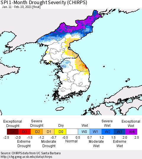 Korea SPI 1-Month Drought Severity (CHIRPS) Thematic Map For 1/11/2021 - 2/10/2021
