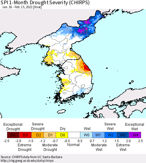 Korea SPI 1-Month Drought Severity (CHIRPS) Thematic Map For 1/16/2021 - 2/15/2021