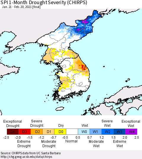 Korea SPI 1-Month Drought Severity (CHIRPS) Thematic Map For 1/21/2021 - 2/20/2021