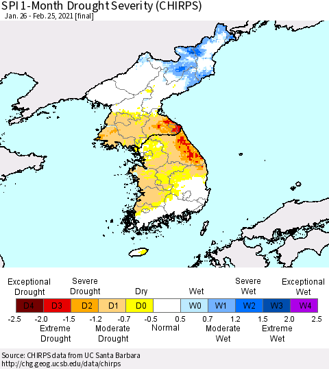 Korea SPI 1-Month Drought Severity (CHIRPS) Thematic Map For 1/26/2021 - 2/25/2021