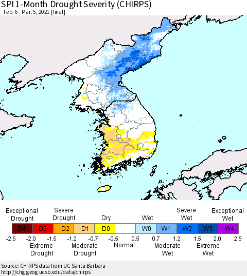 Korea SPI 1-Month Drought Severity (CHIRPS) Thematic Map For 2/6/2021 - 3/5/2021