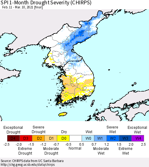 Korea SPI 1-Month Drought Severity (CHIRPS) Thematic Map For 2/11/2021 - 3/10/2021