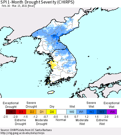 Korea SPI 1-Month Drought Severity (CHIRPS) Thematic Map For 2/16/2021 - 3/15/2021