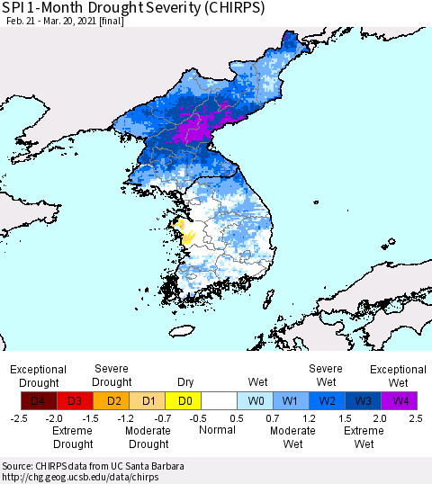 Korea SPI 1-Month Drought Severity (CHIRPS) Thematic Map For 2/21/2021 - 3/20/2021