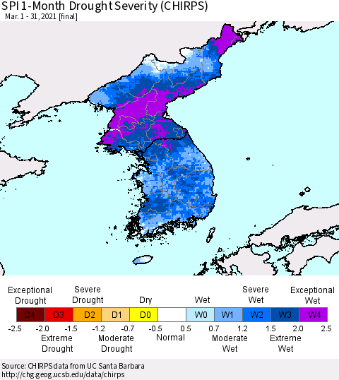 Korea SPI 1-Month Drought Severity (CHIRPS) Thematic Map For 3/1/2021 - 3/31/2021