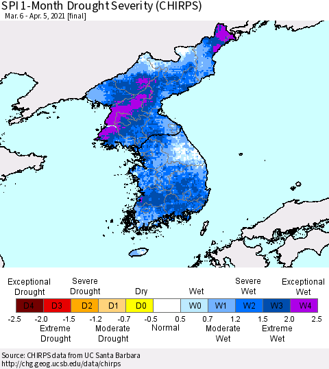 Korea SPI 1-Month Drought Severity (CHIRPS) Thematic Map For 3/6/2021 - 4/5/2021