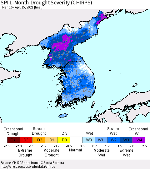 Korea SPI 1-Month Drought Severity (CHIRPS) Thematic Map For 3/16/2021 - 4/15/2021