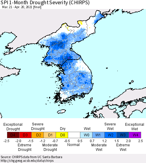 Korea SPI 1-Month Drought Severity (CHIRPS) Thematic Map For 3/21/2021 - 4/20/2021