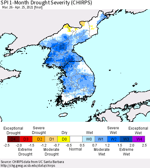 Korea SPI 1-Month Drought Severity (CHIRPS) Thematic Map For 3/26/2021 - 4/25/2021