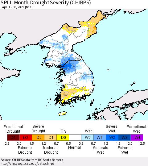 Korea SPI 1-Month Drought Severity (CHIRPS) Thematic Map For 4/1/2021 - 4/30/2021