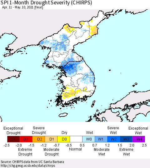 Korea SPI 1-Month Drought Severity (CHIRPS) Thematic Map For 4/11/2021 - 5/10/2021