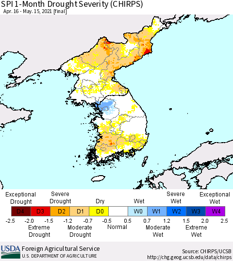 Korea SPI 1-Month Drought Severity (CHIRPS) Thematic Map For 4/16/2021 - 5/15/2021