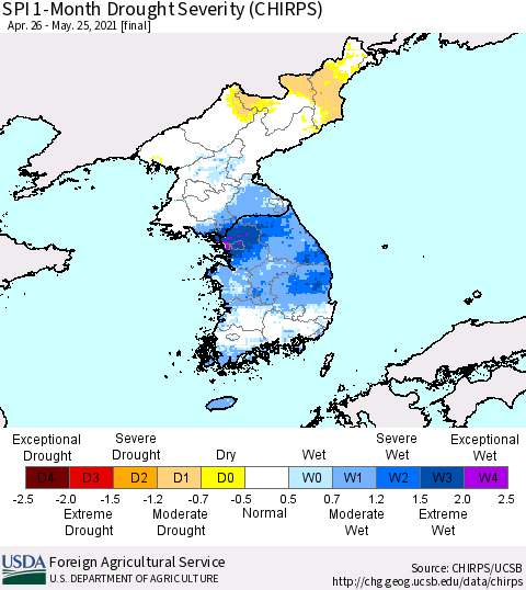 Korea SPI 1-Month Drought Severity (CHIRPS) Thematic Map For 4/26/2021 - 5/25/2021
