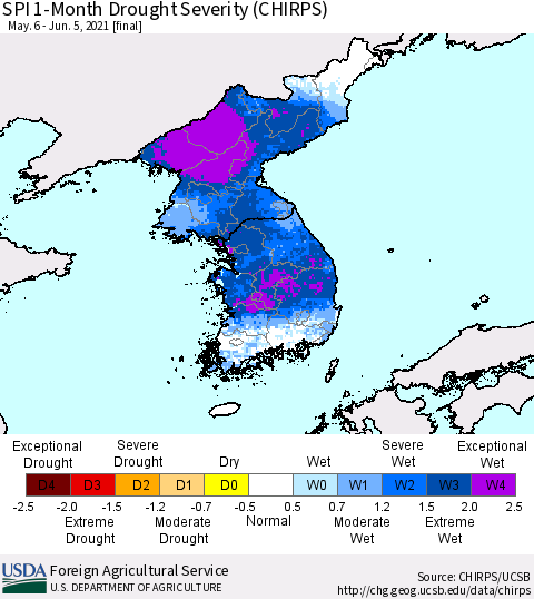 Korea SPI 1-Month Drought Severity (CHIRPS) Thematic Map For 5/6/2021 - 6/5/2021