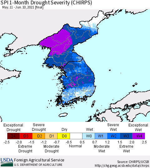 Korea SPI 1-Month Drought Severity (CHIRPS) Thematic Map For 5/11/2021 - 6/10/2021