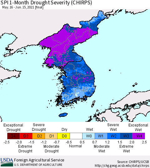 Korea SPI 1-Month Drought Severity (CHIRPS) Thematic Map For 5/16/2021 - 6/15/2021