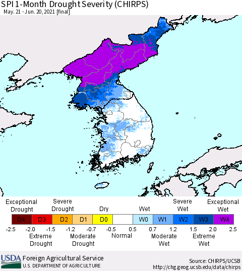 Korea SPI 1-Month Drought Severity (CHIRPS) Thematic Map For 5/21/2021 - 6/20/2021